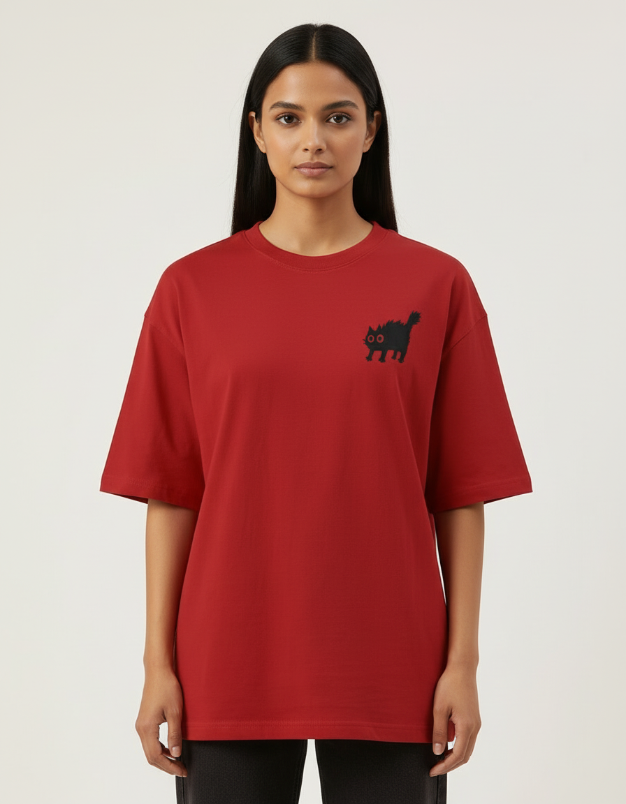 Freaky Cat Oversized T-Shirt - Red - Chapter26 premium oversized graphic t-shirt, worn by a female model