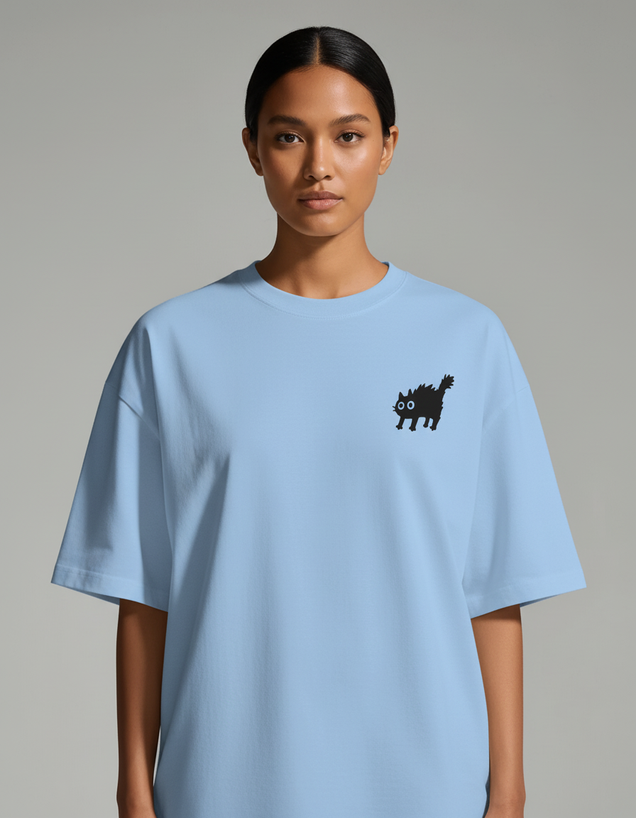 Freaky Cat Oversized T-Shirt - Baby Blue - Chapter26 premium oversized graphic t-shirt, worn by a female model