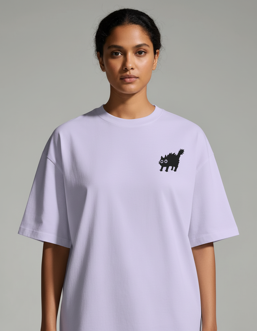 Freaky Cat Oversized T-Shirt - Lavender - Chapter26 premium oversized graphic t-shirt, worn by a female model