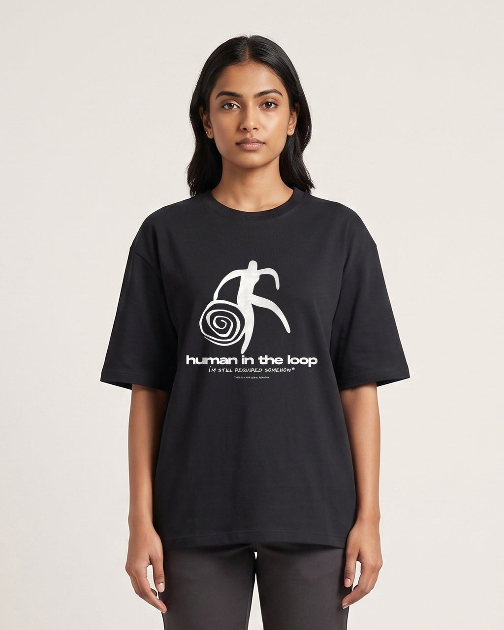 Human In The Loop - Dark - Black - Chapter26 premium oversized graphic t-shirt, worn by a female model