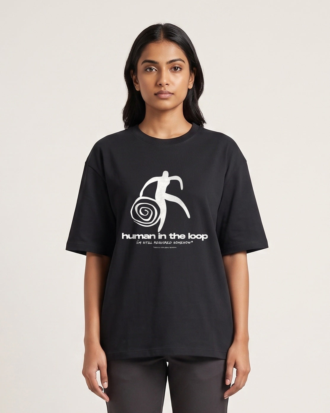 Human In The Loop - Dark - Black - Chapter26 premium oversized graphic t-shirt, worn by a female model