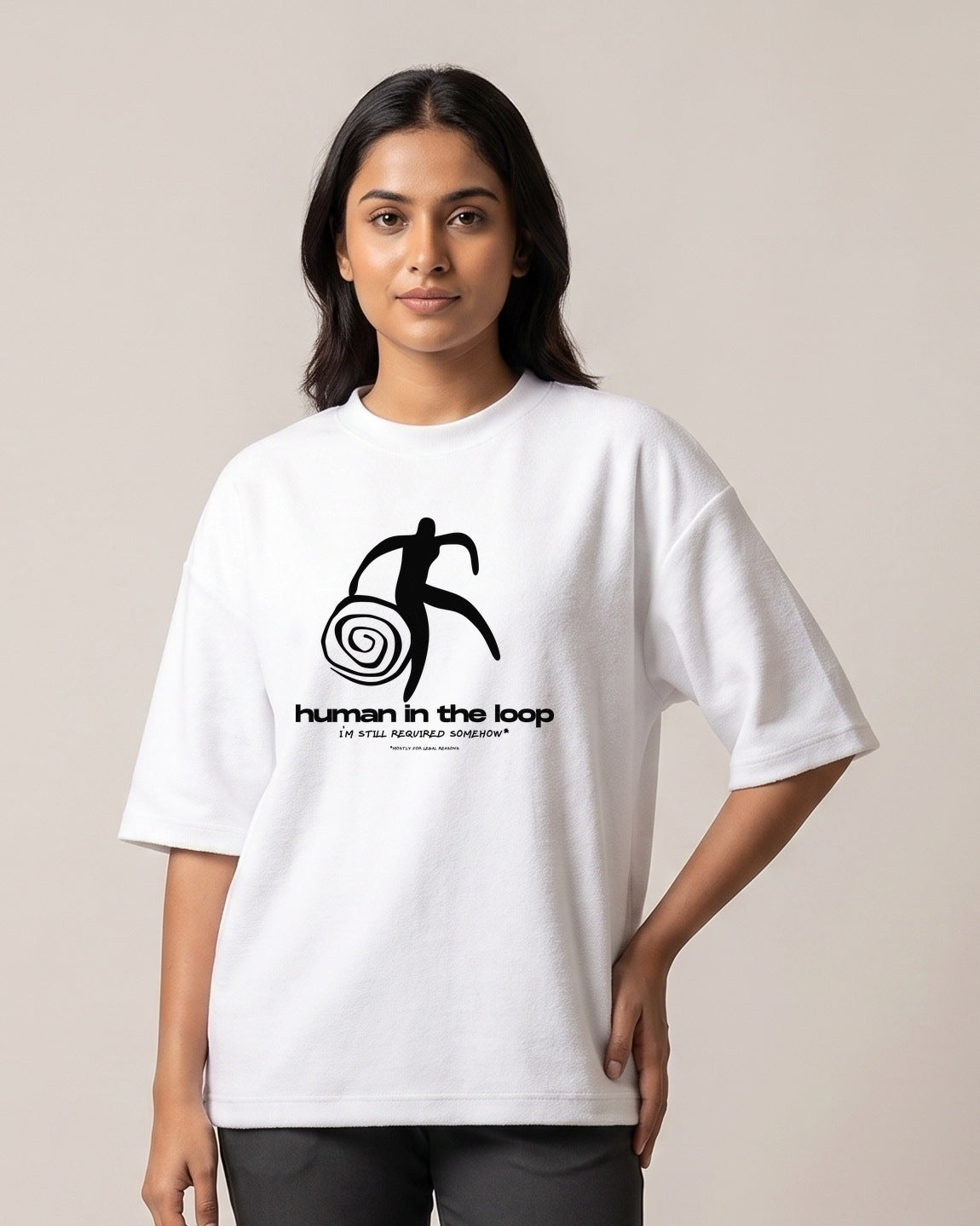 Human In The Loop - Light - White - Chapter26 premium oversized graphic t-shirt, worn by a female model