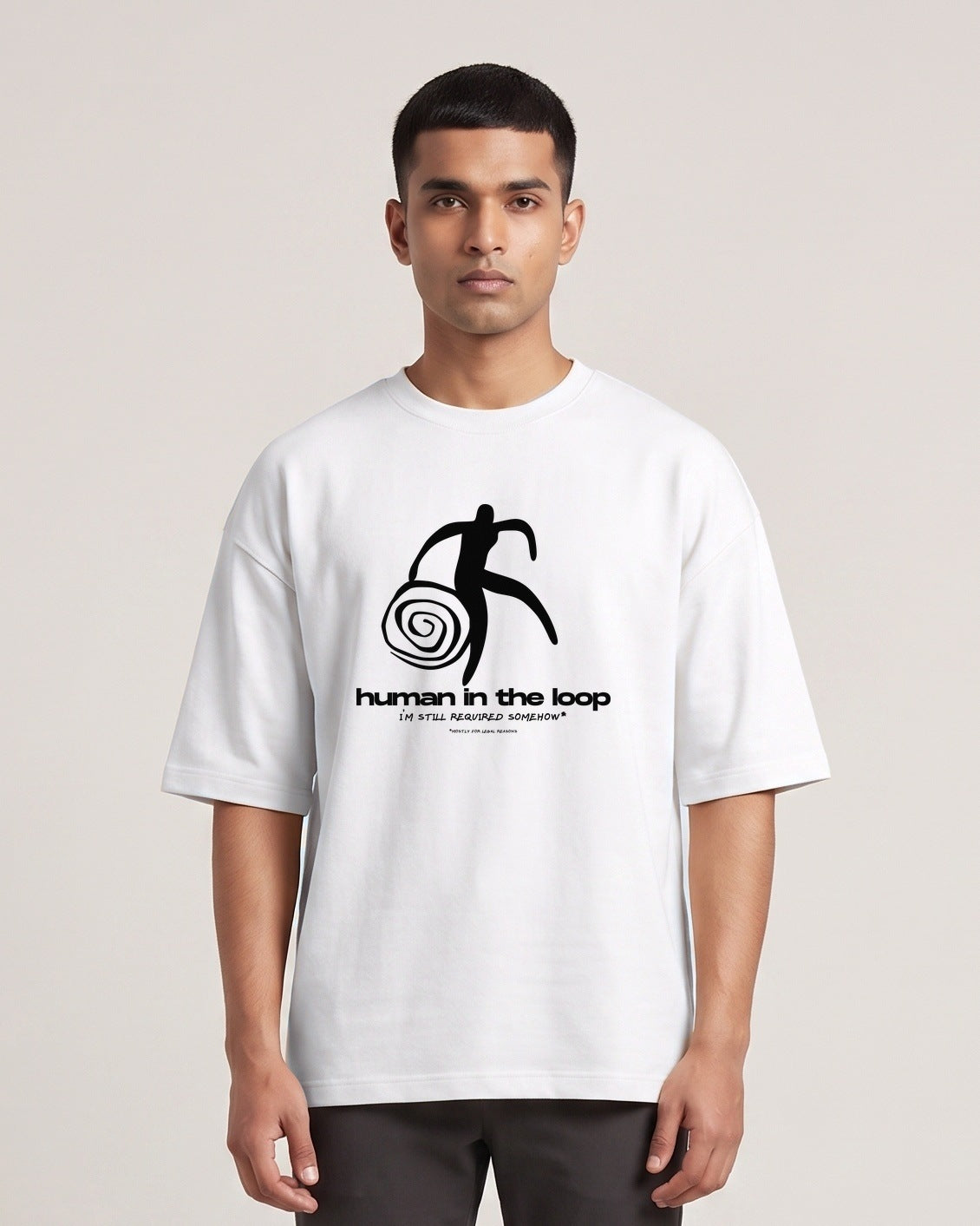 Human In The Loop - Light - White - Chapter26 premium oversized graphic t-shirt, worn by a male model