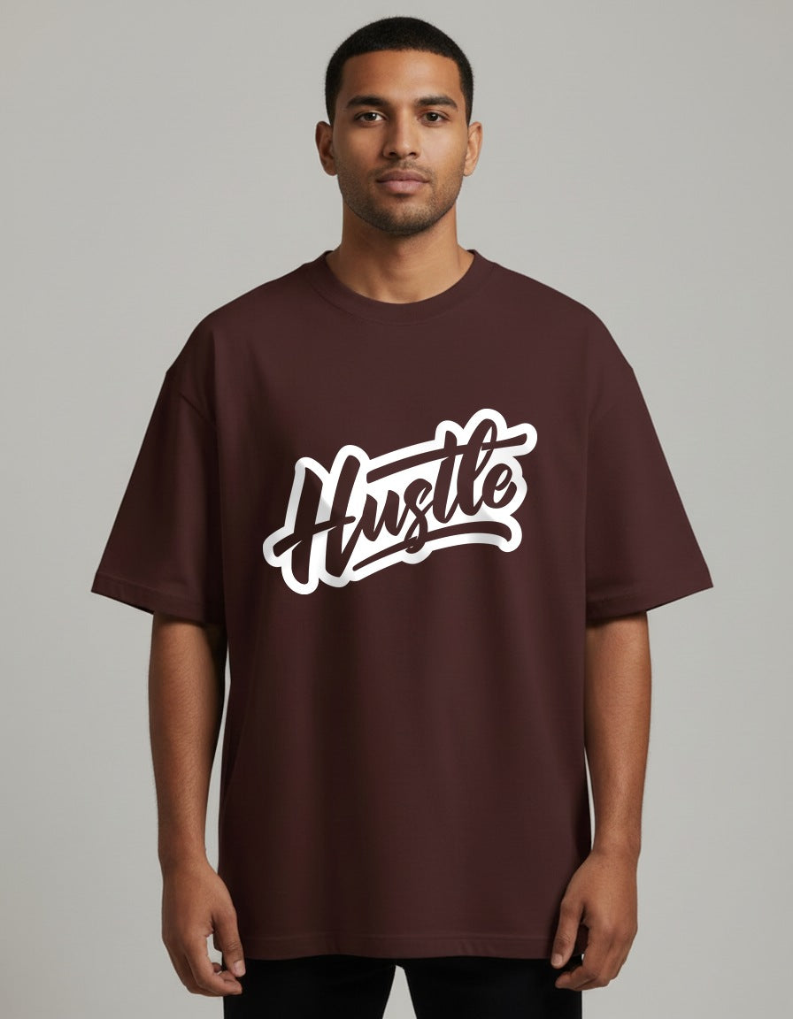 Hustle - Dark - Maroon - Chapter26 premium oversized graphic t-shirt, worn by a male model