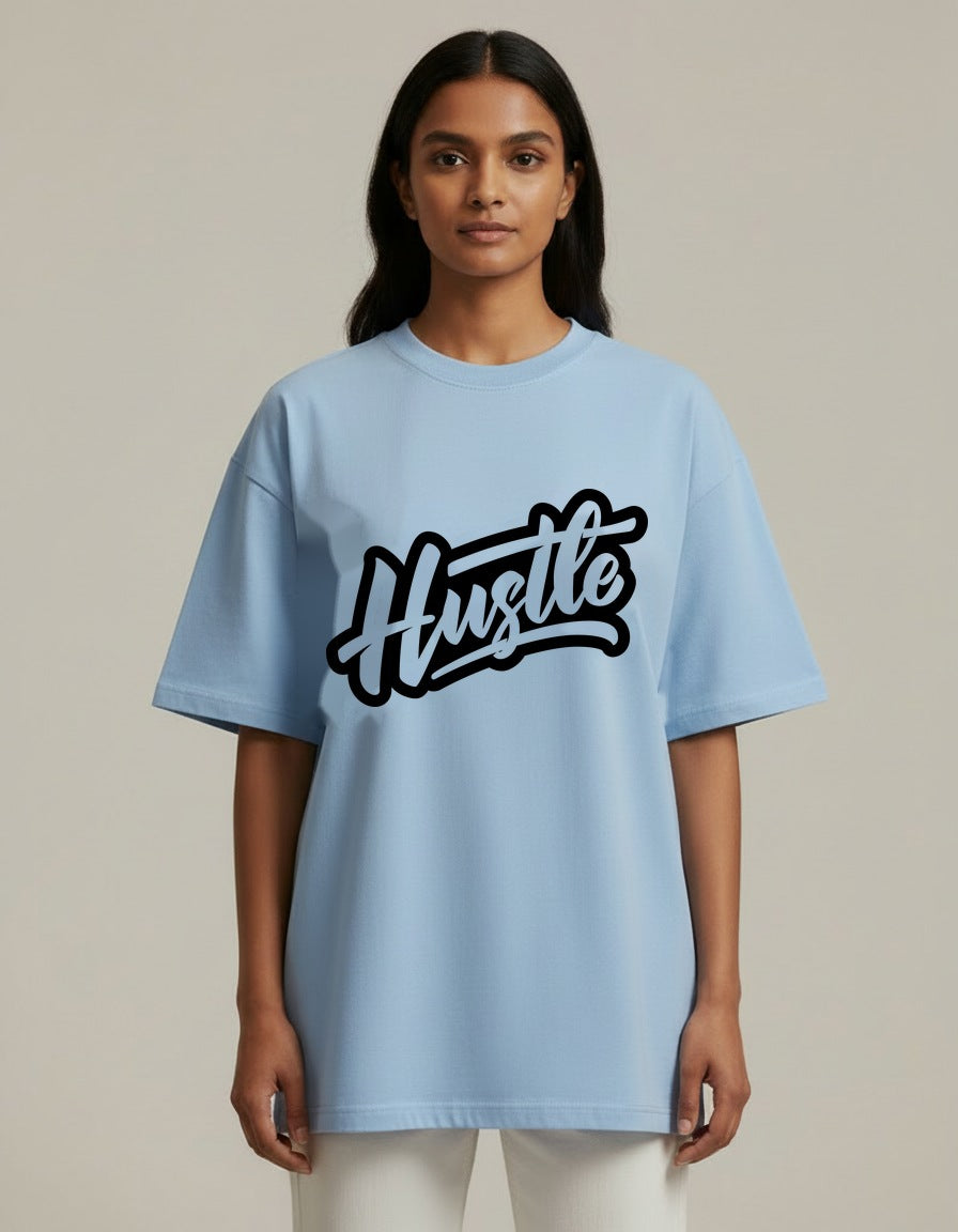 Hustle - Light - Baby Blue - Chapter26 premium oversized graphic t-shirt, worn by a female model