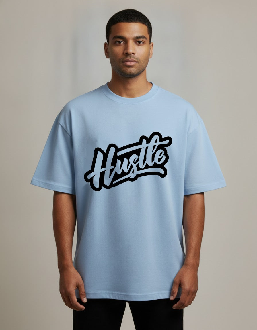 Hustle - Light - Baby Blue - Chapter26 premium oversized graphic t-shirt, worn by a male model