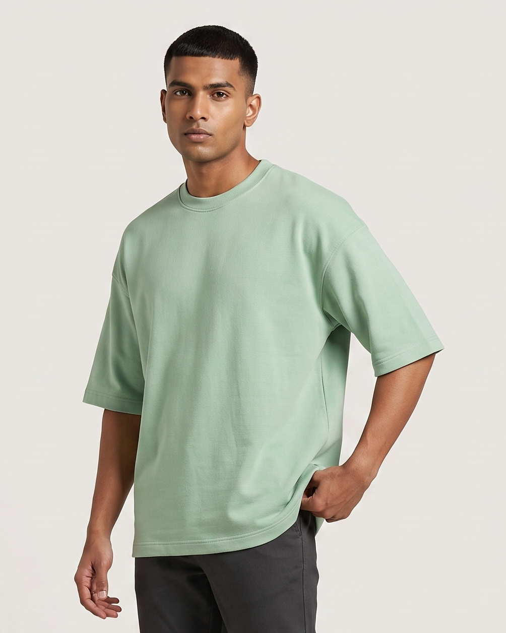 Jade oversized t-shirt front on model