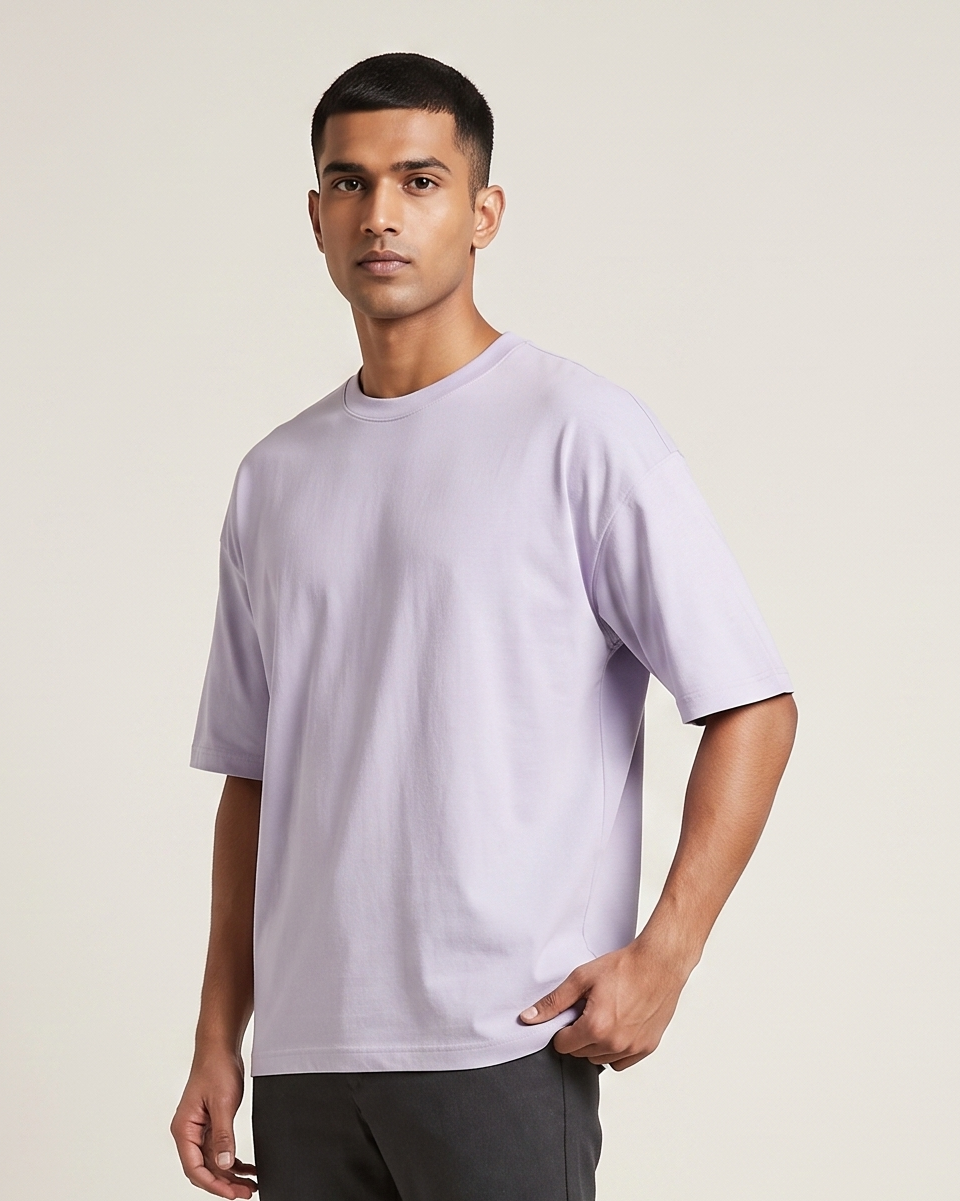 Lavender oversized t-shirt front on model