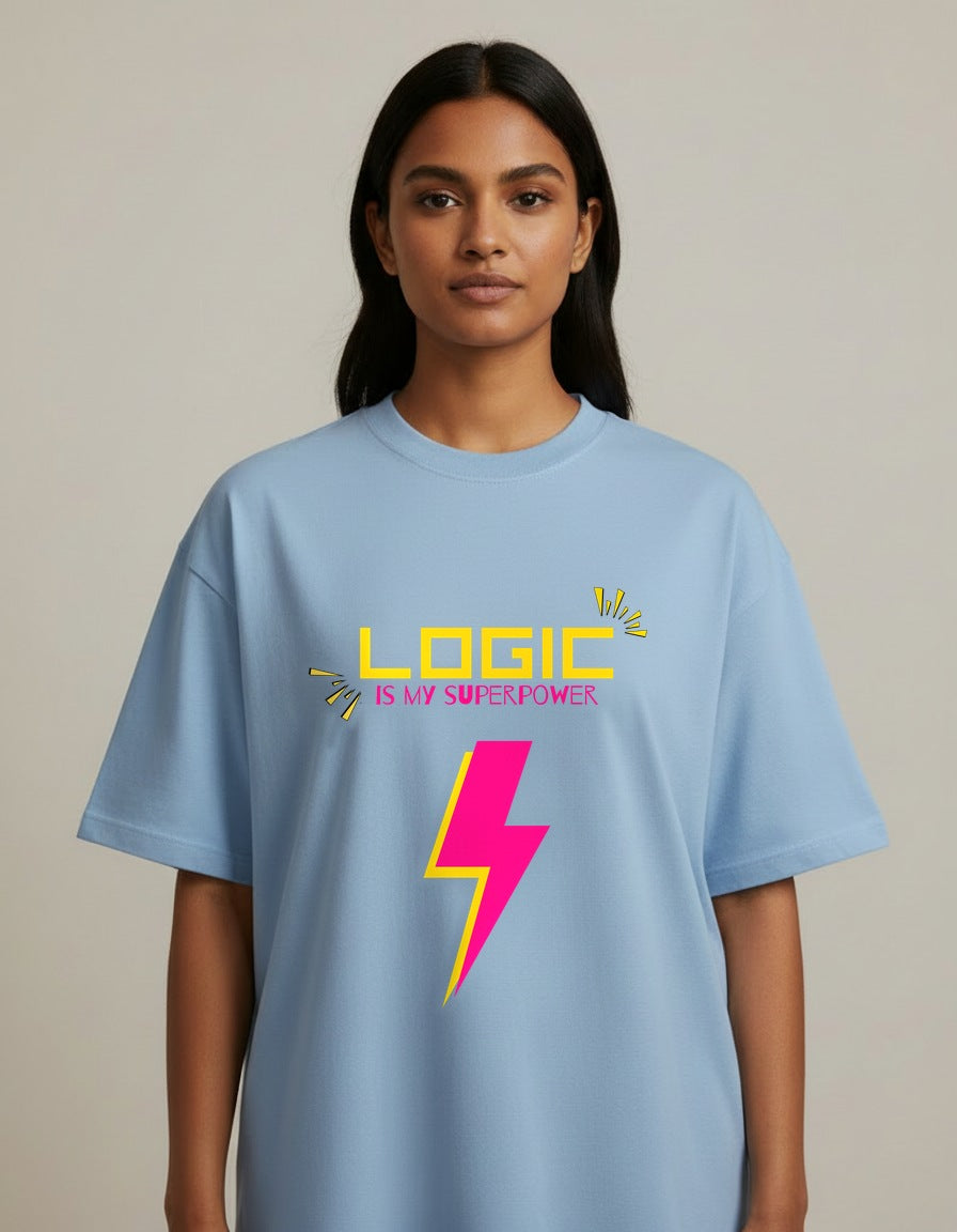 Logic is My Superpower - Baby Blue - Chapter26 premium oversized graphic t-shirt, worn by a female model