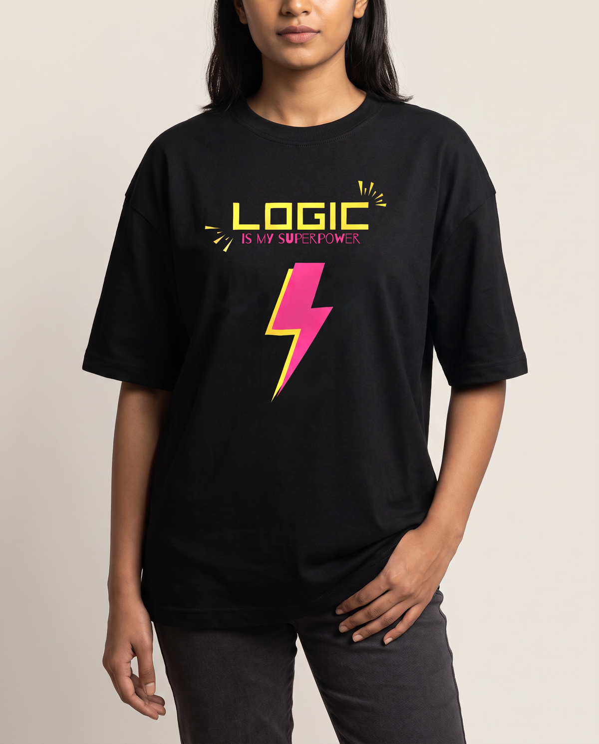 Logic is My Superpower - Black - Chapter26 premium oversized graphic t-shirt, worn by a female model