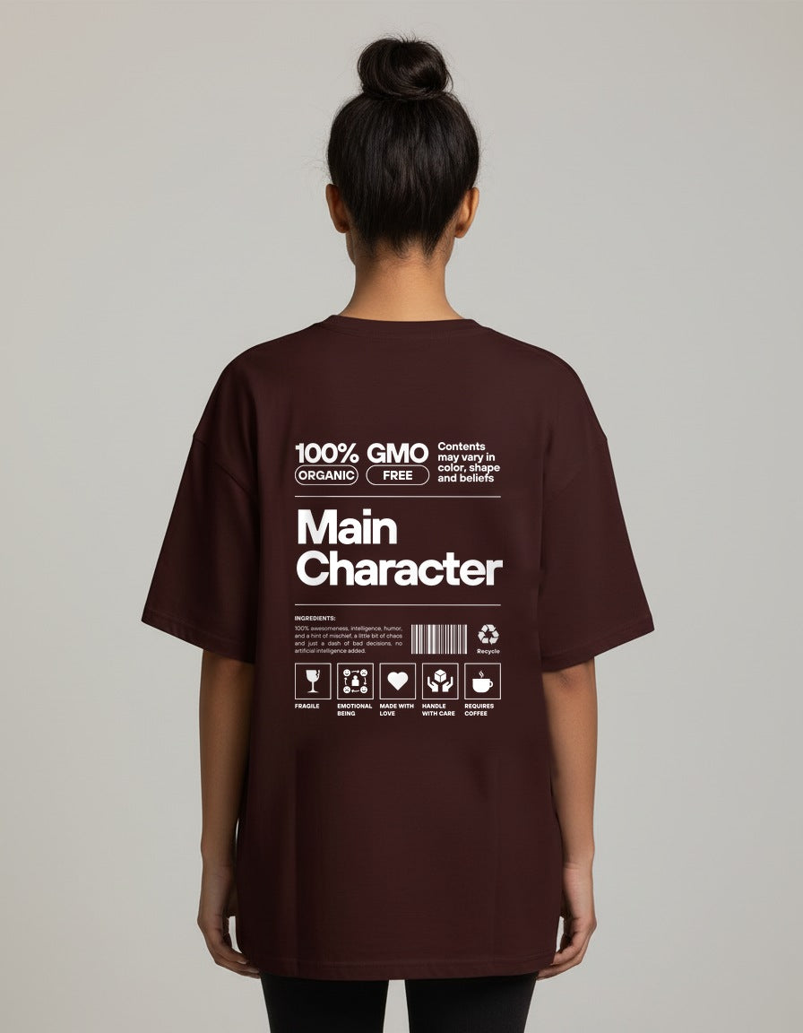 Main Character - Maroon - Chapter26 premium oversized graphic t-shirt, back print, worn by a female model