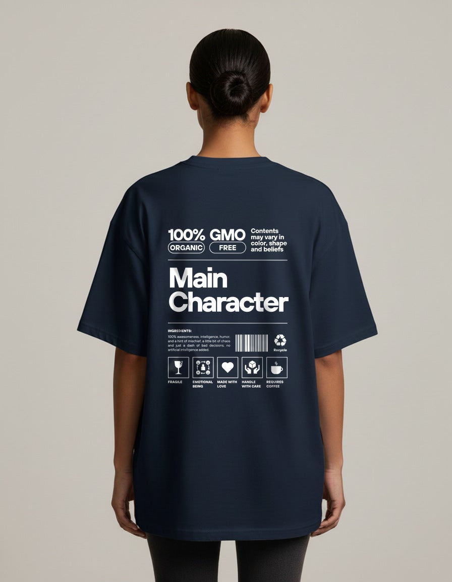 Main Character - Navy Blue - Chapter26 premium oversized graphic t-shirt, back print, worn by a female model