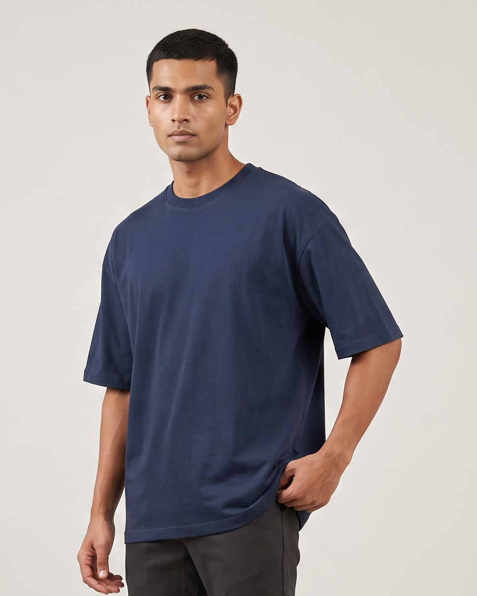 Navy oversized t-shirt front on model