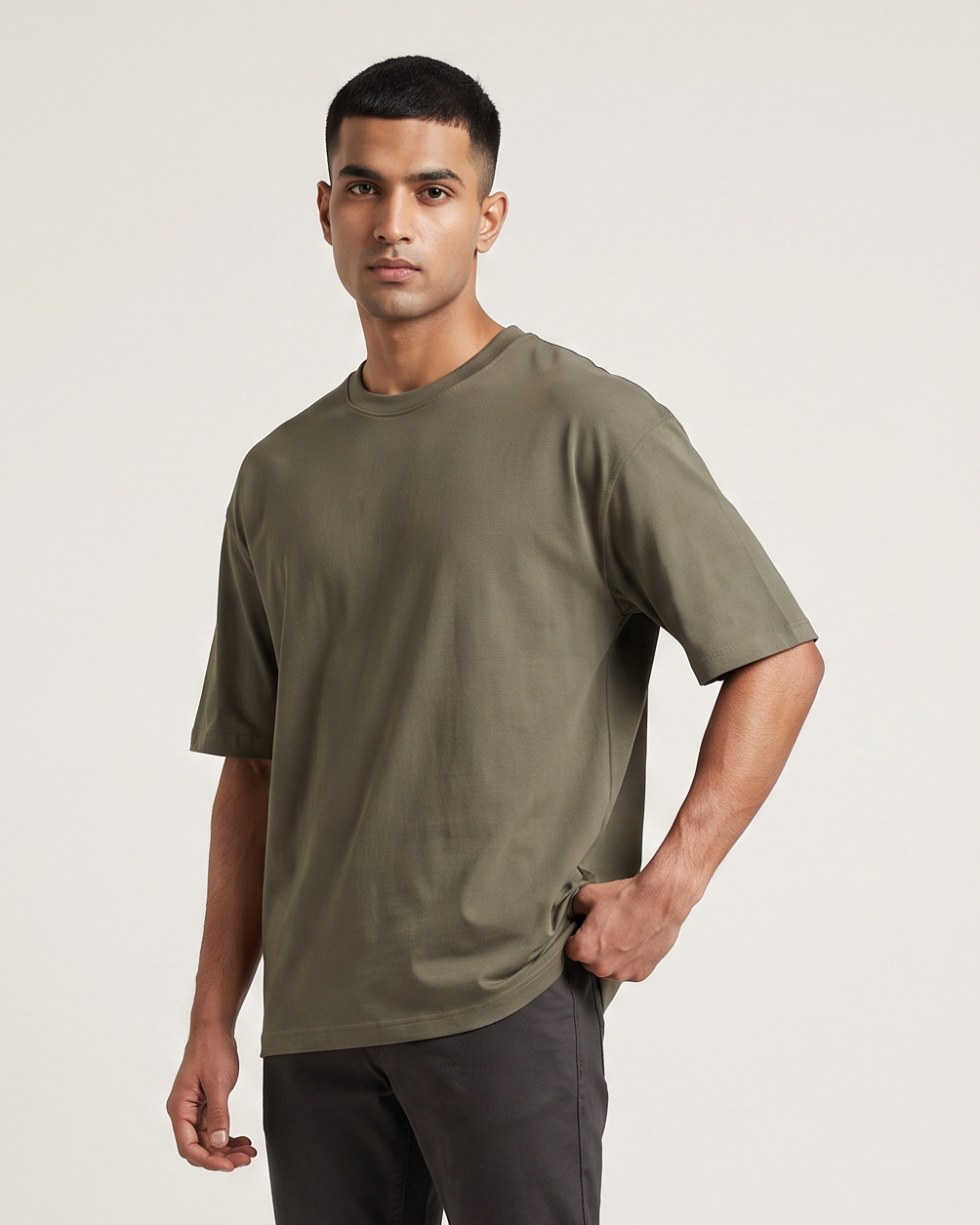 Olive oversized t-shirt front on model