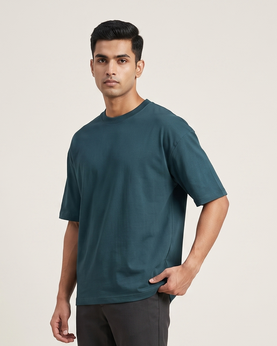 Petrol Blue oversized t-shirt front on model