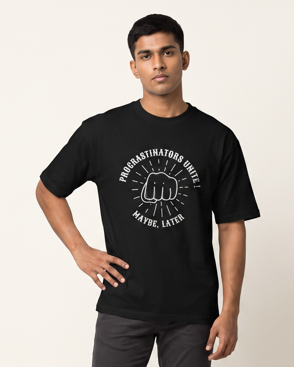 Procrastinators Unite oversized t-shirt on model - Black