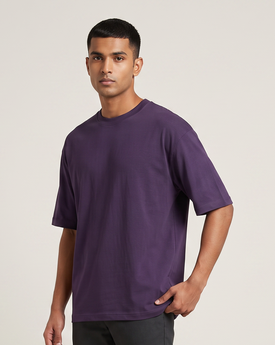 Purple oversized t-shirt front on model