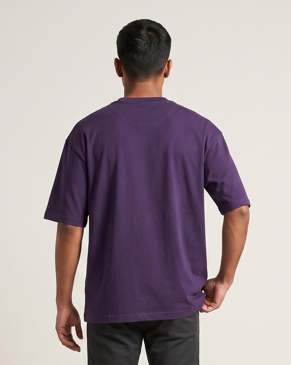 Purple oversized t-shirt back on model