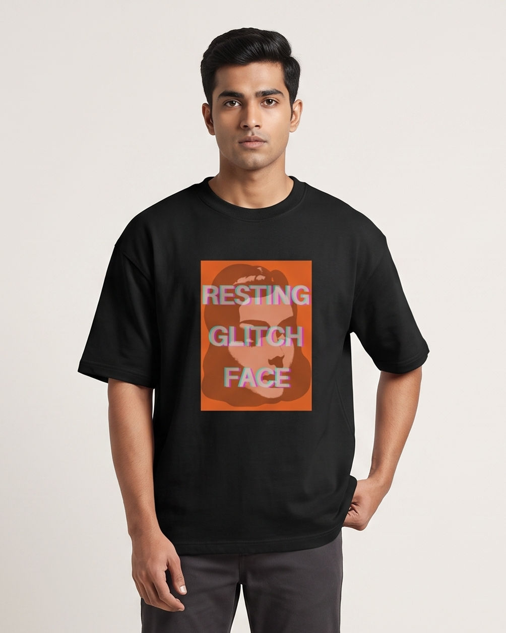 Resting Glitch Face oversized t-shirt on model