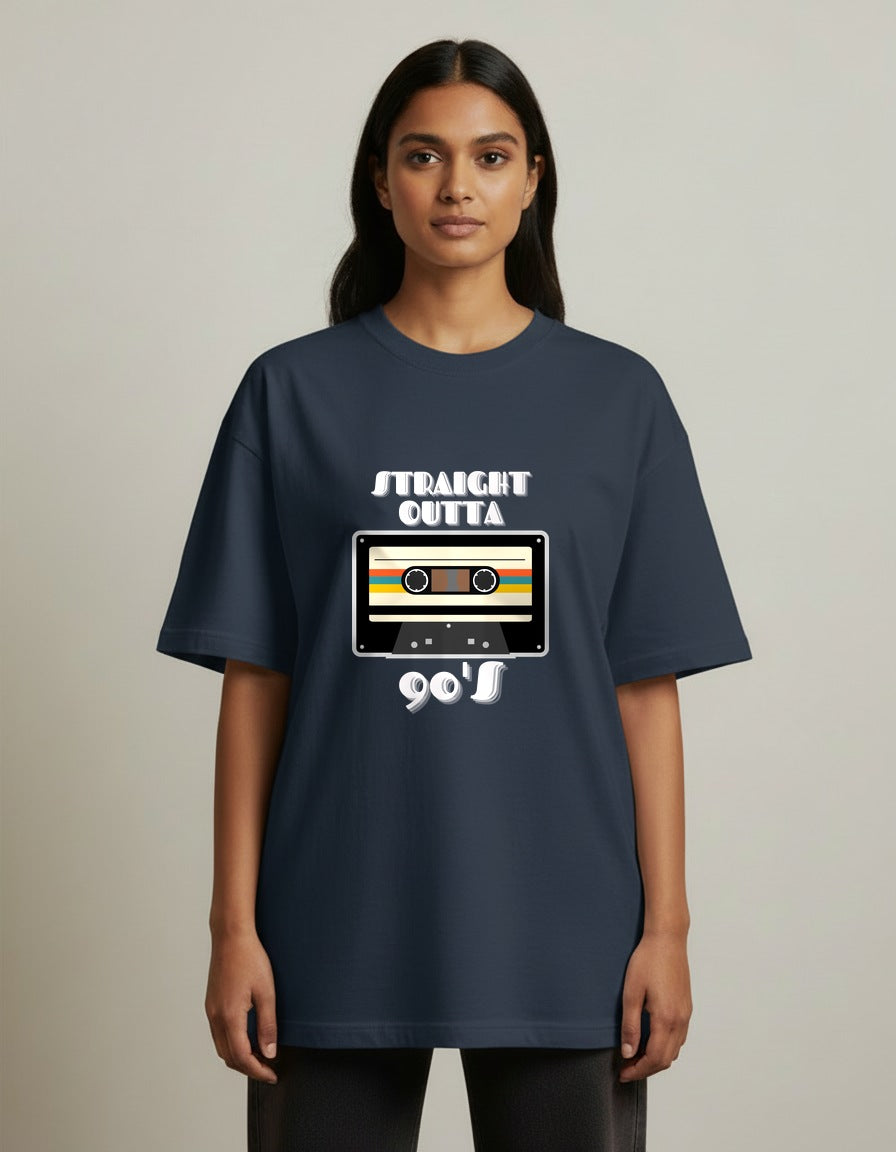 Straight Outta 90s - Navy Blue - Chapter26 premium oversized graphic t-shirt, worn by a female model