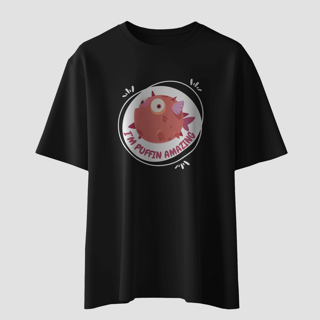 Puffin Amazing - Black - Chapter26 premium oversized graphic t-shirt, on a hanger