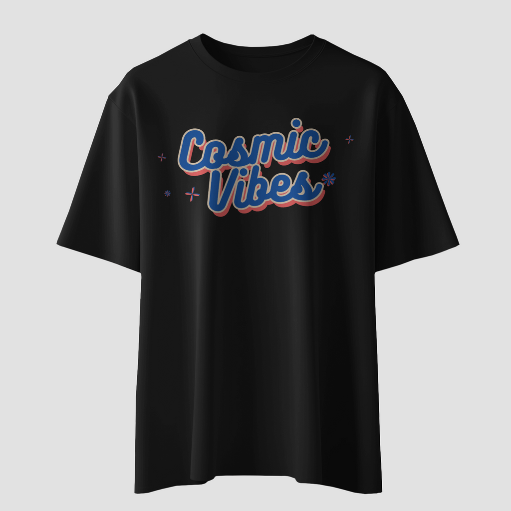 Cosmic Vibes - Black - Chapter26 premium oversized graphic t-shirt, on a hanger