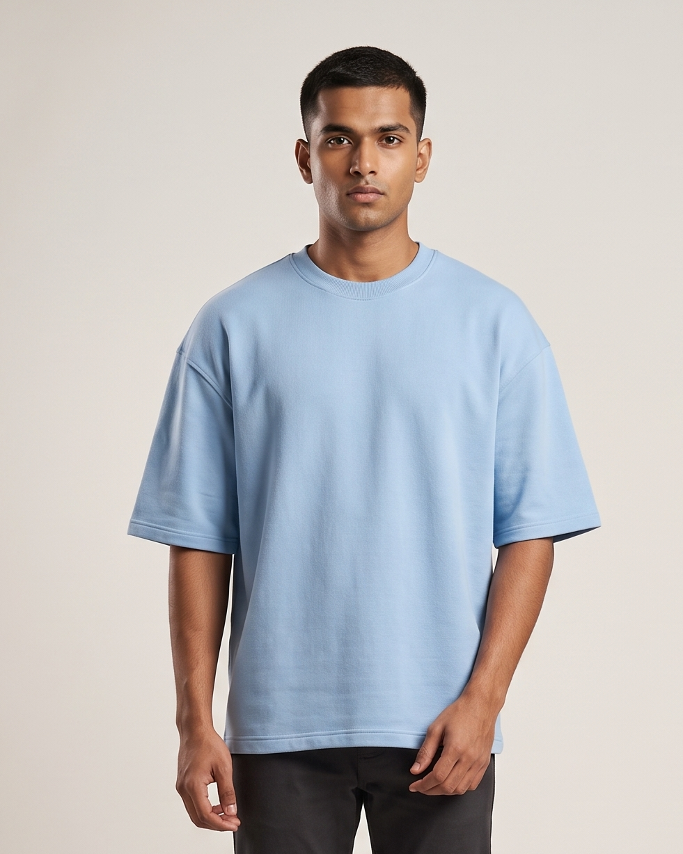 Thinker Bell oversized t-shirt front on model - Baby Blue
