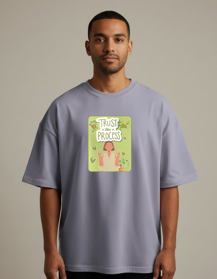 Trust The Process - Lavender - Chapter26 premium oversized graphic t-shirt, worn by a male model