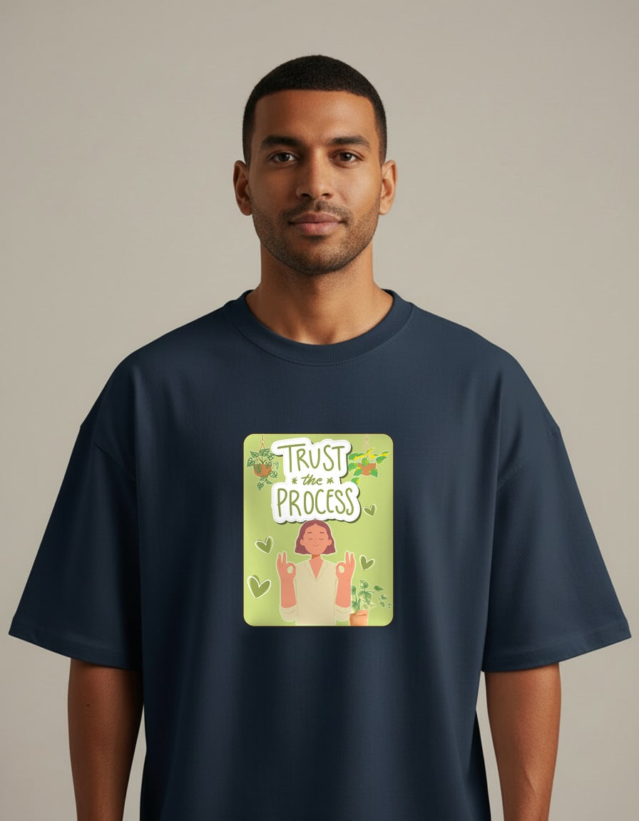Trust The Process - Navy Blue - Chapter26 premium oversized graphic t-shirt, worn by a male model